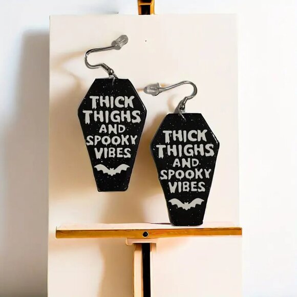 #24 Thick Thighs and Spooky Vibes Acrylic Coffin Drop Earrings - Picture 1 of 1